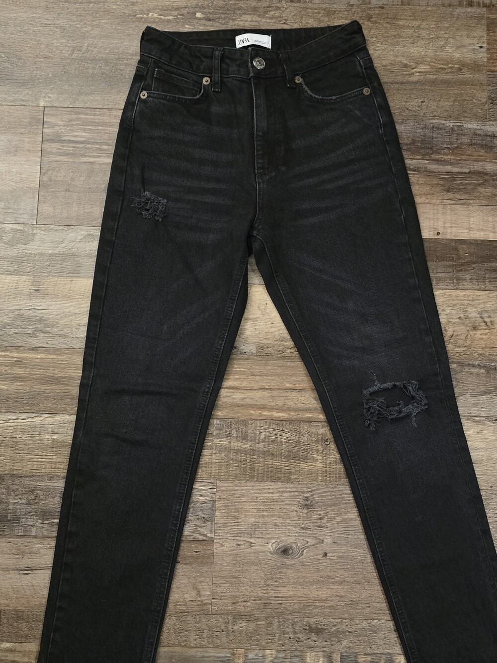 Zara Jeans Womens Size 4 Black Destroyed High-Waist Tapered Premium Denim